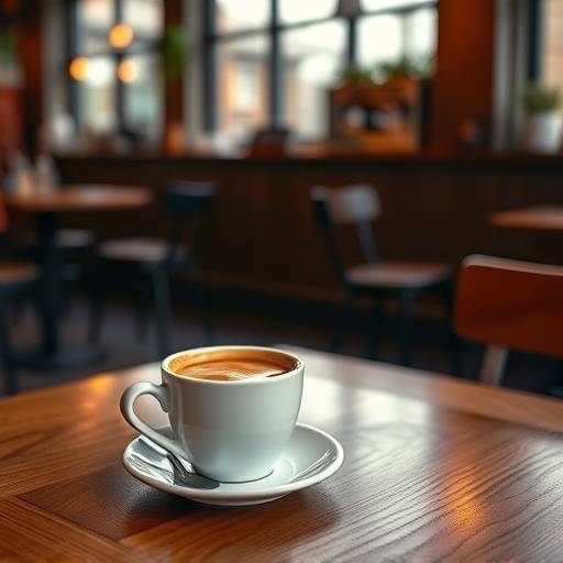 A beautifully styled product shot of a coffee cup on a wooden table in a Seattle cafe.