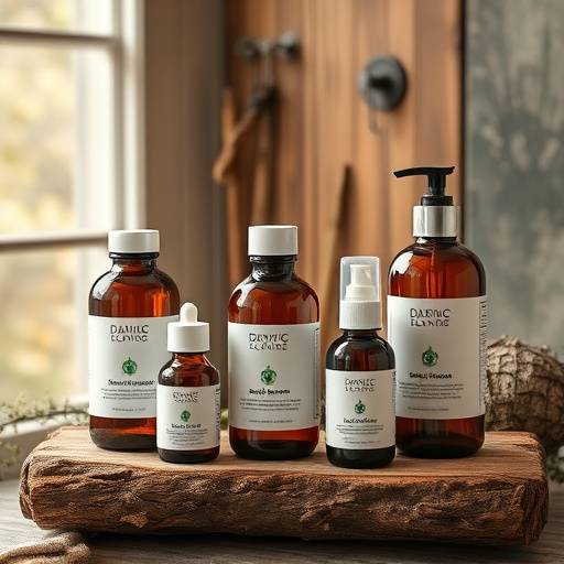 A beautifully styled product shot of a new line of organic skincare products on a rustic wooden surface in a Seattle studio.