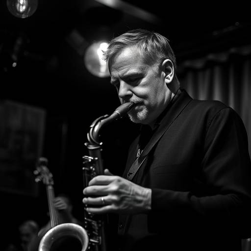 A black and white portrait of a musician playing a saxophone in a dimly lit Seattle jazz club.