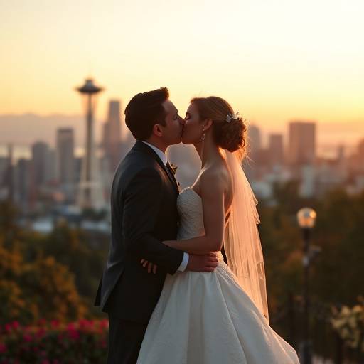 A bride and groom sharing a kiss at Kerry Park in Seattle with the city skyline in the background.