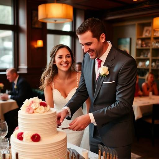 A candid photograph of the bride and groom laughing as they cut their wedding cake at a Seattle restaurant.