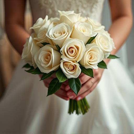 A close-up shot of a bride's hands holding a bouquet of white roses during a Seattle wedding.