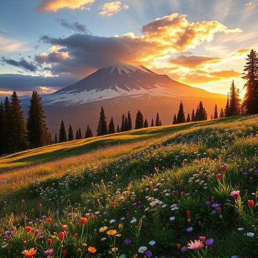 A dramatic landscape photograph of Mount Rainier framed by wildflowers in a meadow during springtime.