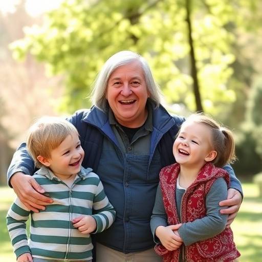 A family portrait of a mother, father, and two children laughing together in a park in Discovery Park, Seattle.