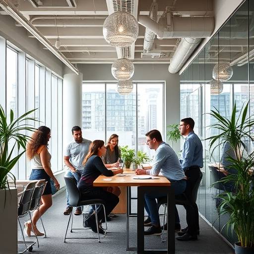 A group of employees collaborating in a modern office space during a corporate photoshoot in Seattle.