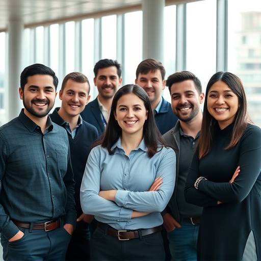 A group of software engineers smiling for a team photo in a modern Seattle office.
