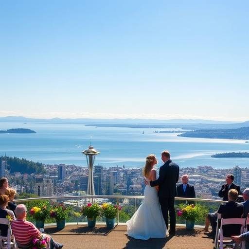 A panoramic view of a wedding ceremony overlooking the Puget Sound in Seattle, Washington.