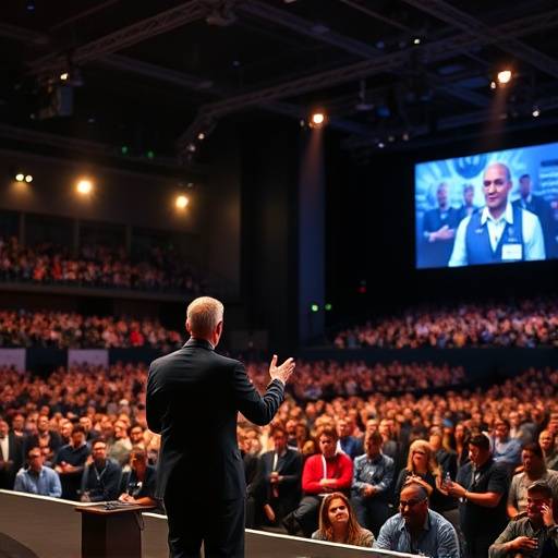 A photograph of a keynote speaker addressing a large audience at a technology conference in Seattle.