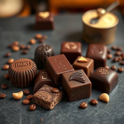 A professional product shot of artisanal chocolates on a slate background in a Seattle gourmet shop, highlighting the textures and colors.