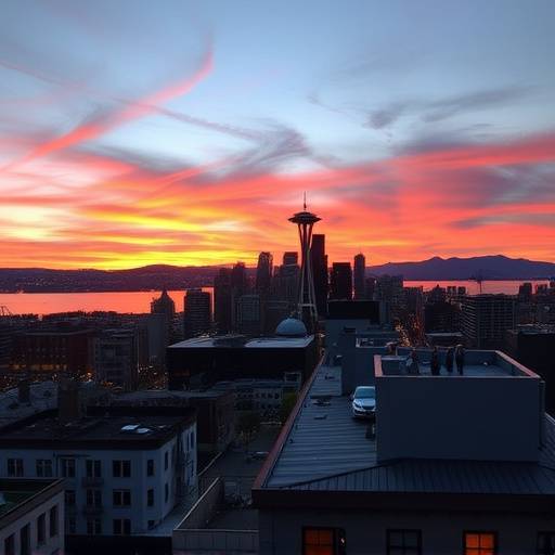 A vibrant cityscape photograph of downtown Seattle at sunset, taken from a rooftop.