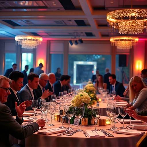 Photograph capturing awards being handed out and people celebrating at corporate end of year dinner party, in Seattle, Washington